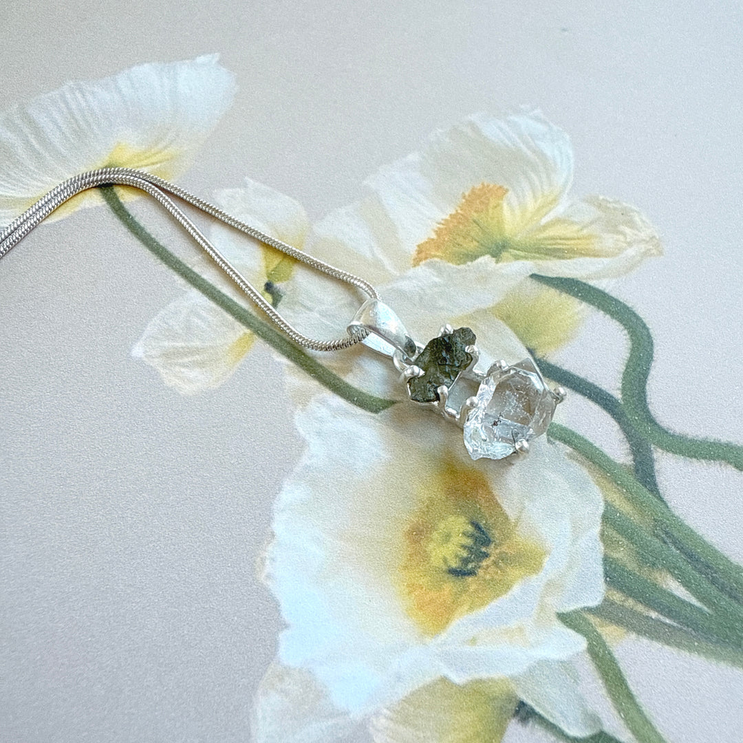 Moldavite & Herkimer Pendant