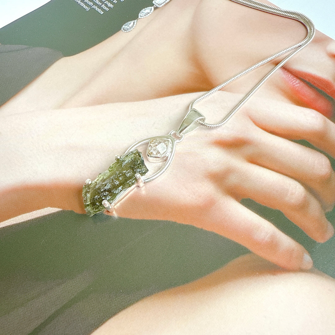 Moldavite & Herkimer Pendant