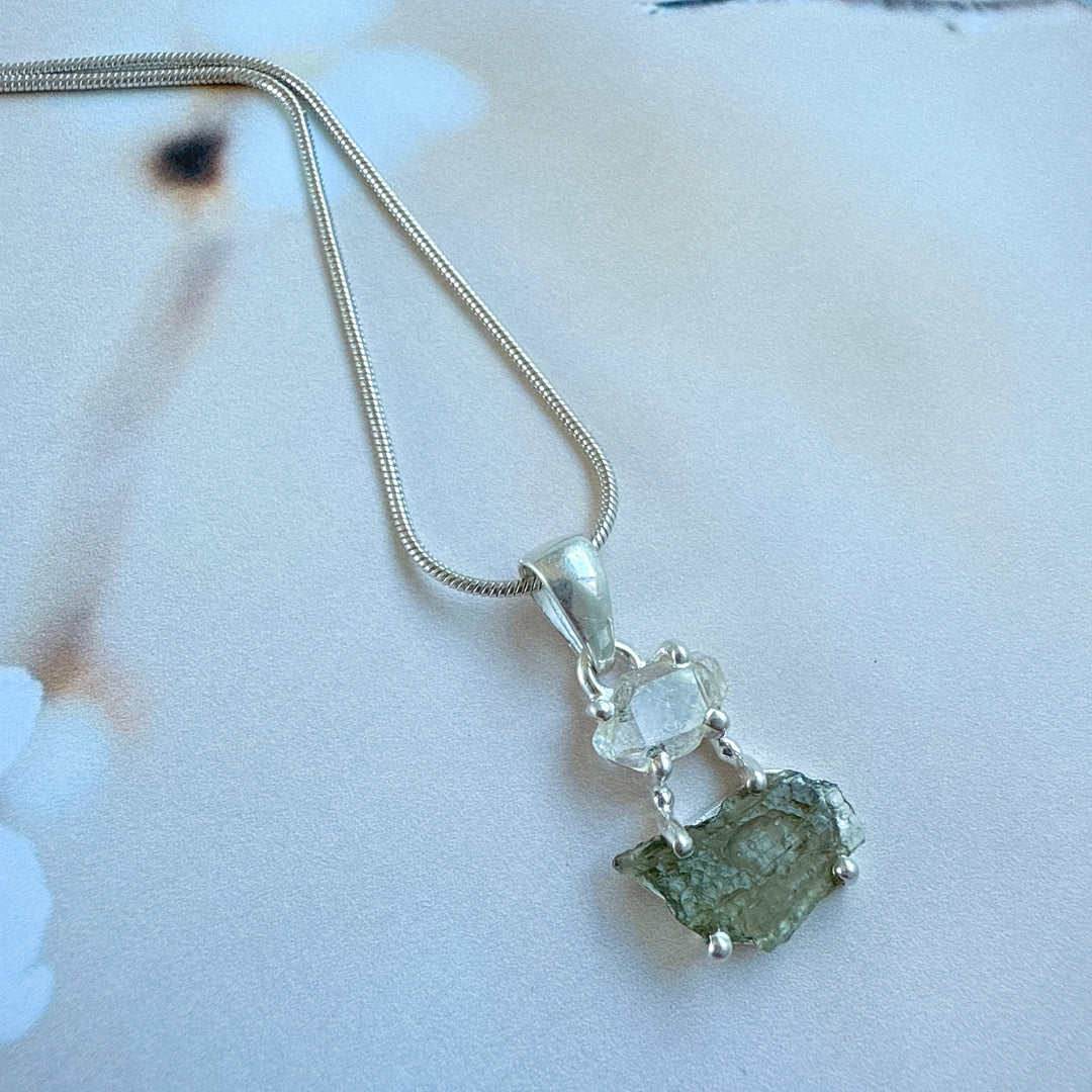 Moldavite & Herkimer Pendant