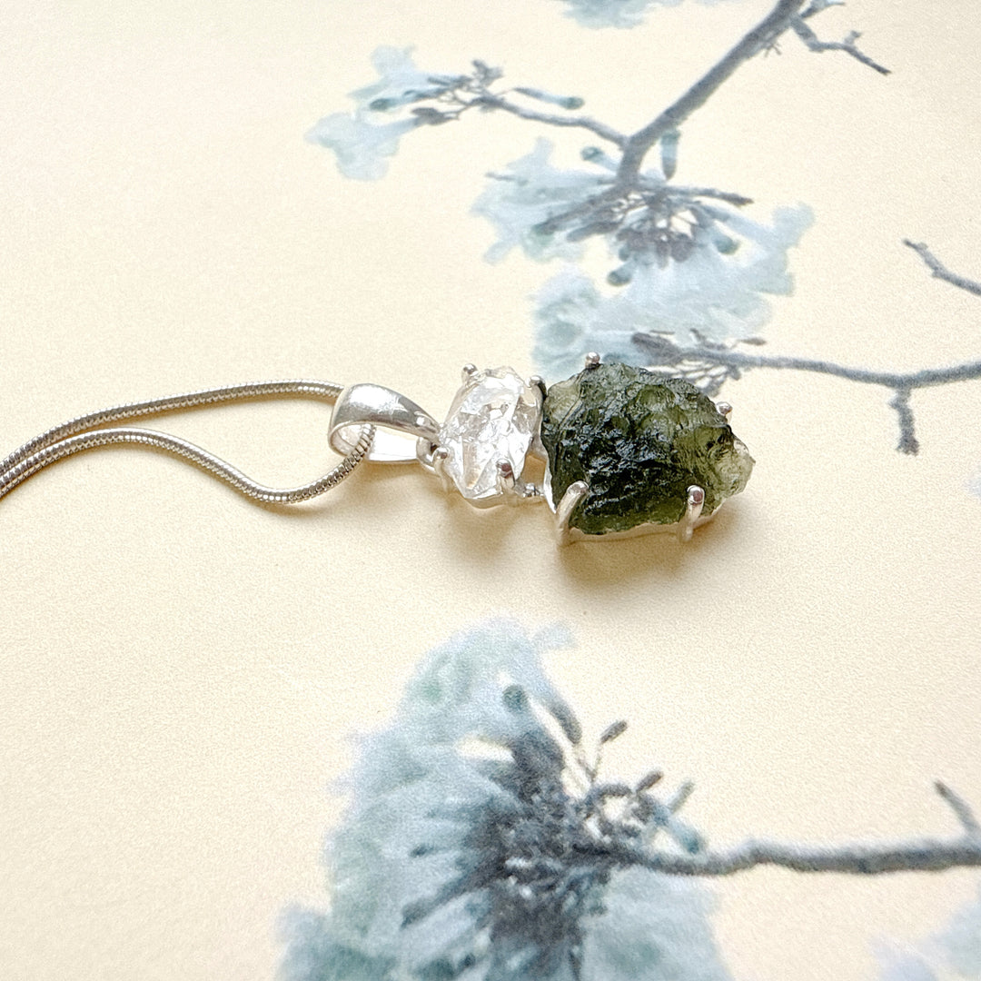 MOLDAVITE & HERKEMIER DIAMOND PENDANT