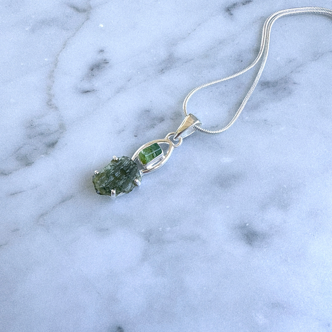 Moldavite & Green Tourmaline Pendant