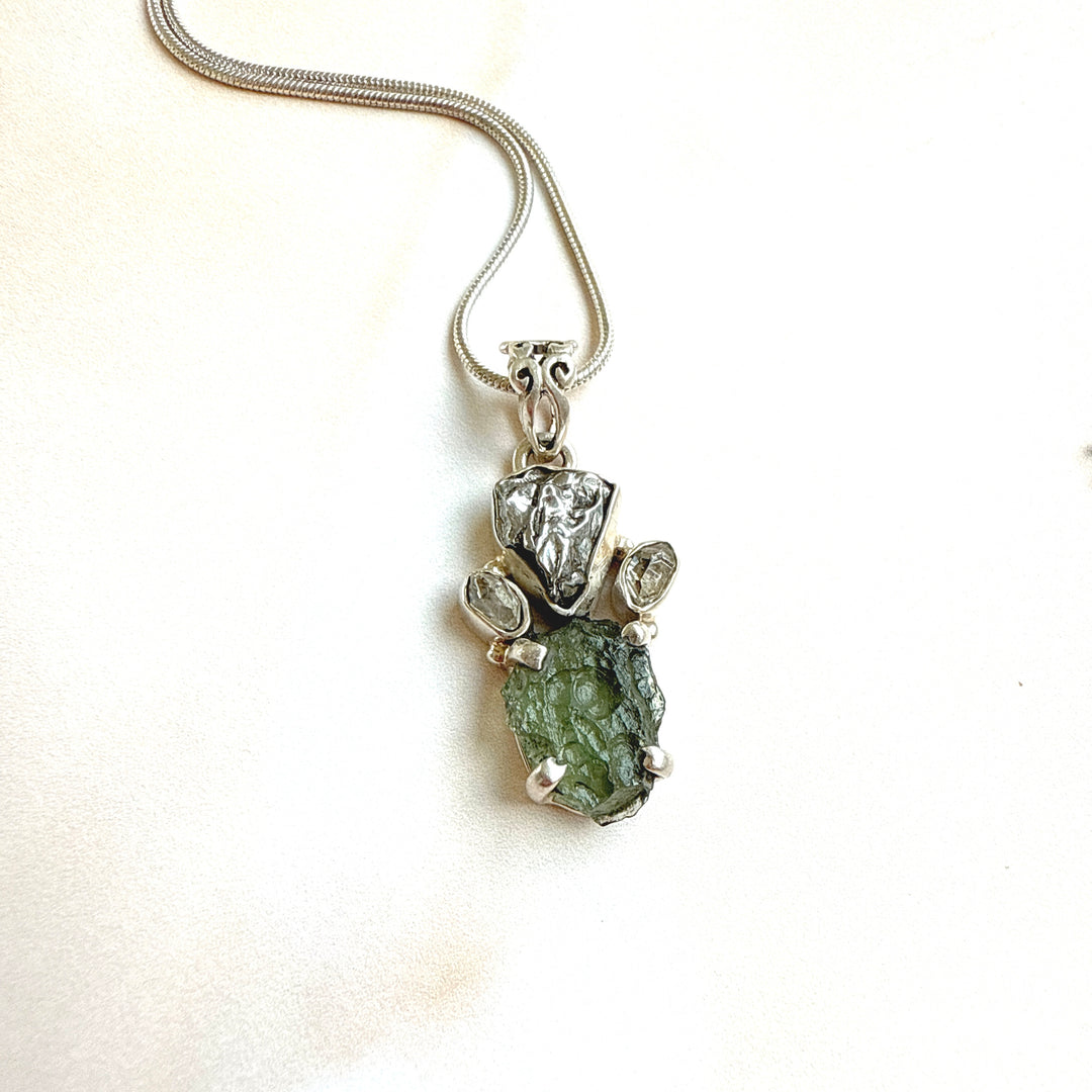 MOLDAVITE, HERKIMER DIAMOND, METEORITE CAMPO DEL CIELO PENDANT