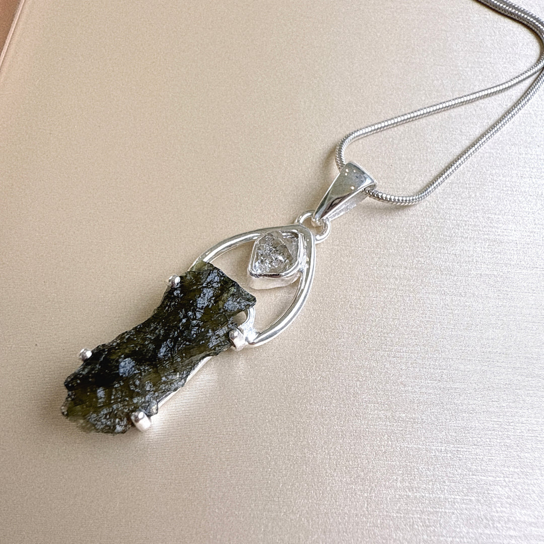 Moldavite & Herkimer Pendant