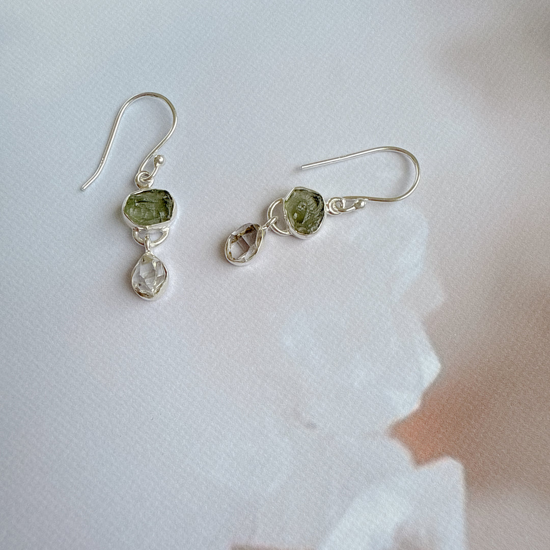 Moldavite & Herkemir Diamond Earrings