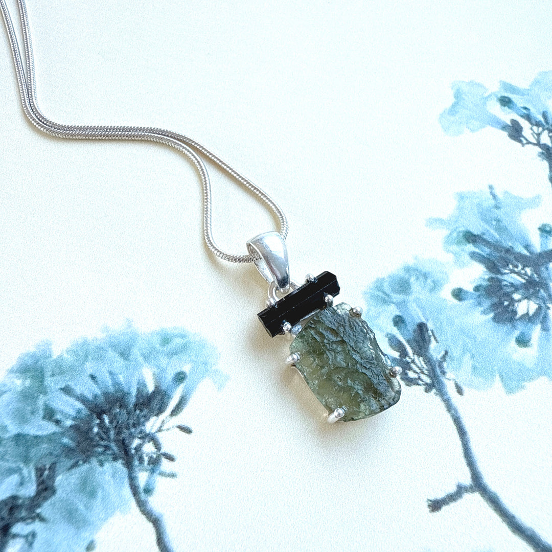 MOLDAVITE & BLACK TOURMALINE PENDANT