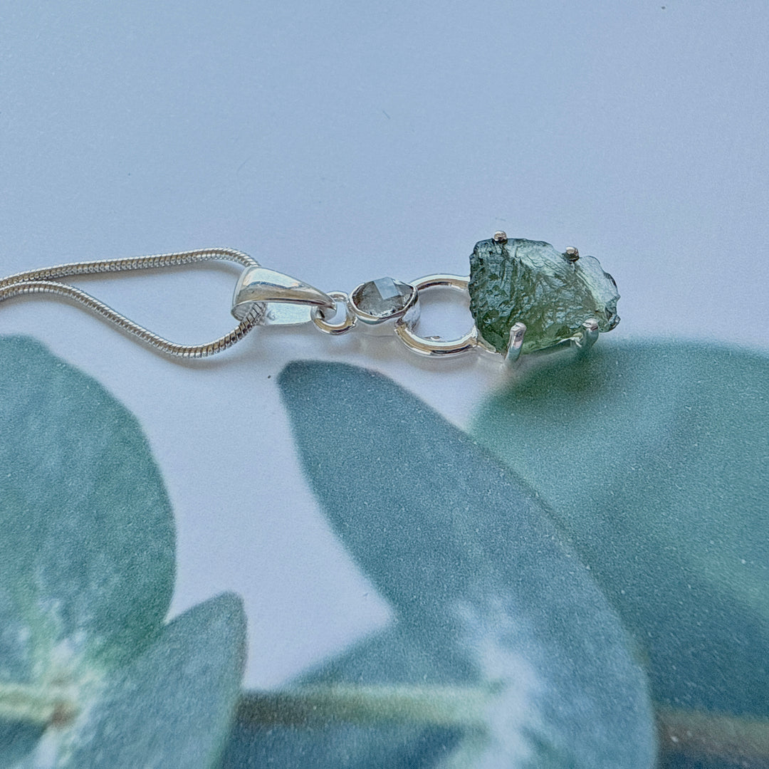 MOLDAVITE & HERKEMIER DIAMOND PENDANT