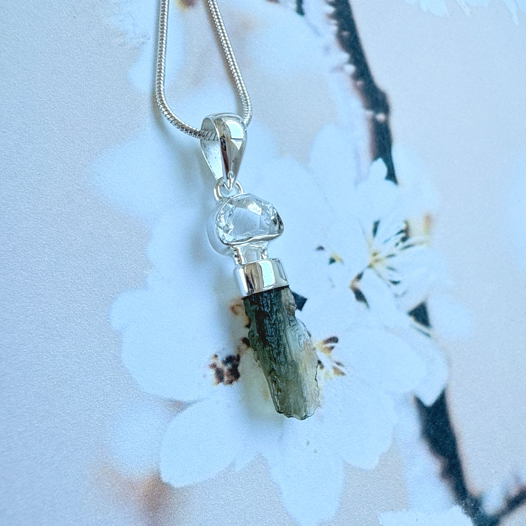 MOLDAVITE & HERKEMIR DIAMOND PENDANT