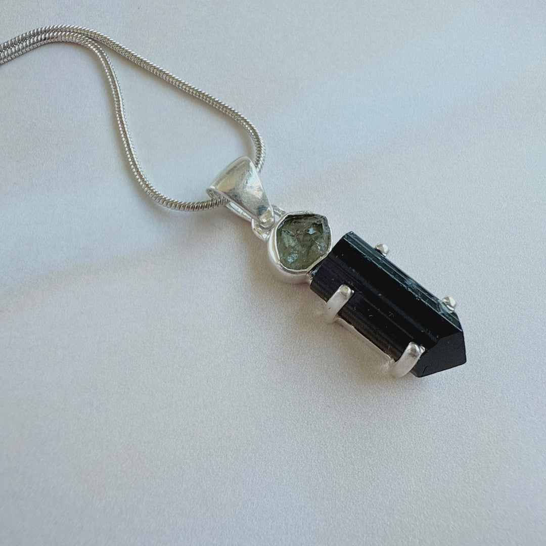 MOLDAVITE & BLACK TOURMALINE PENDANT