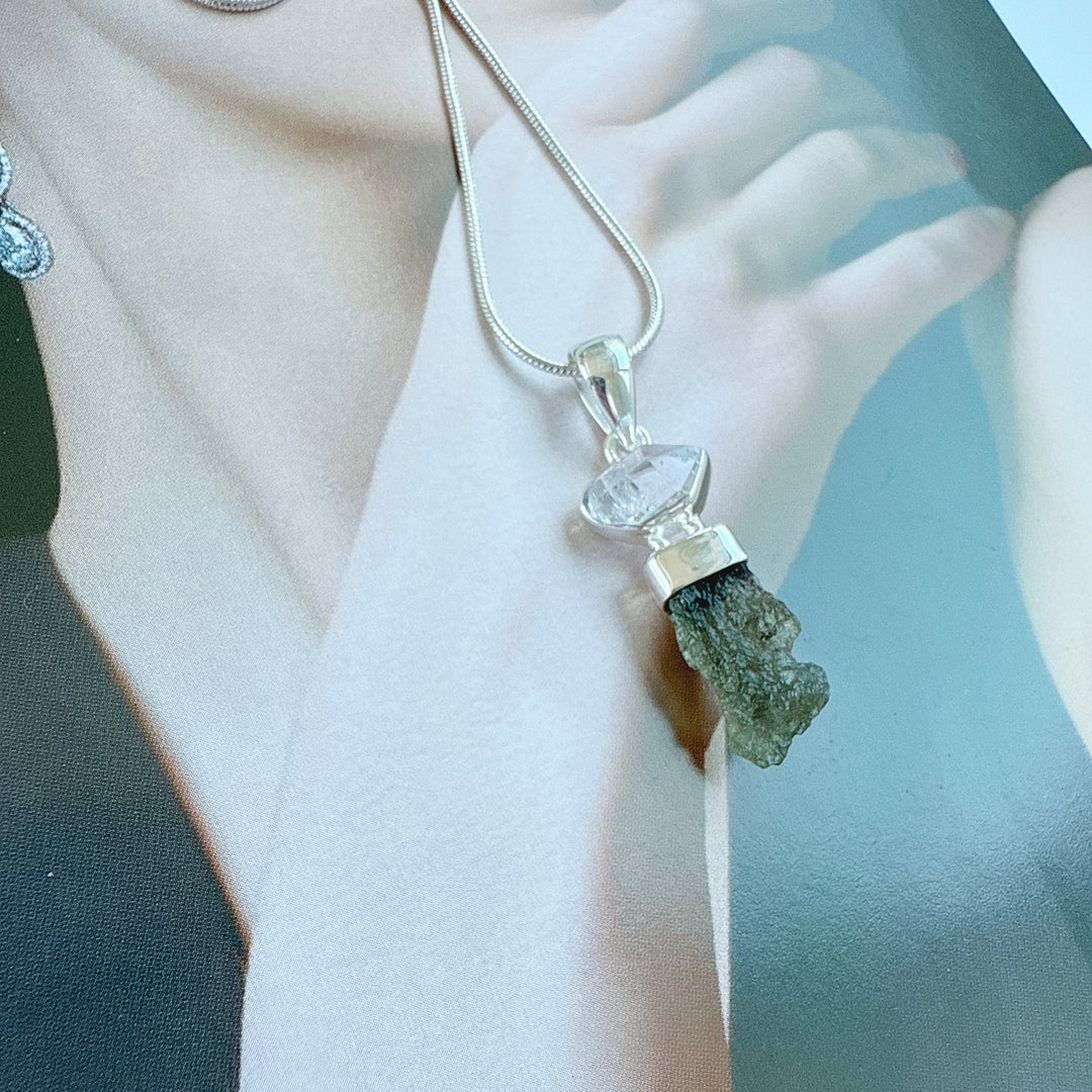 MOLDAVITE & HERKEMIR DIAMOND PENDANT