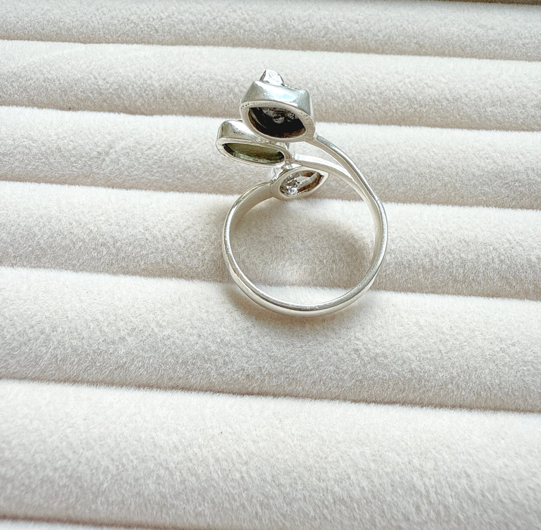 MOLDAVITE, HERKIMER DIAMOND & CAMPO DEL CIELO RING