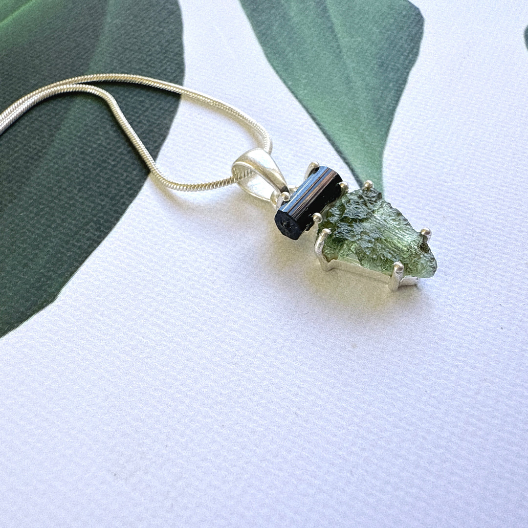 MOLDAVITE & BLACK TOURMALINE PENDANT
