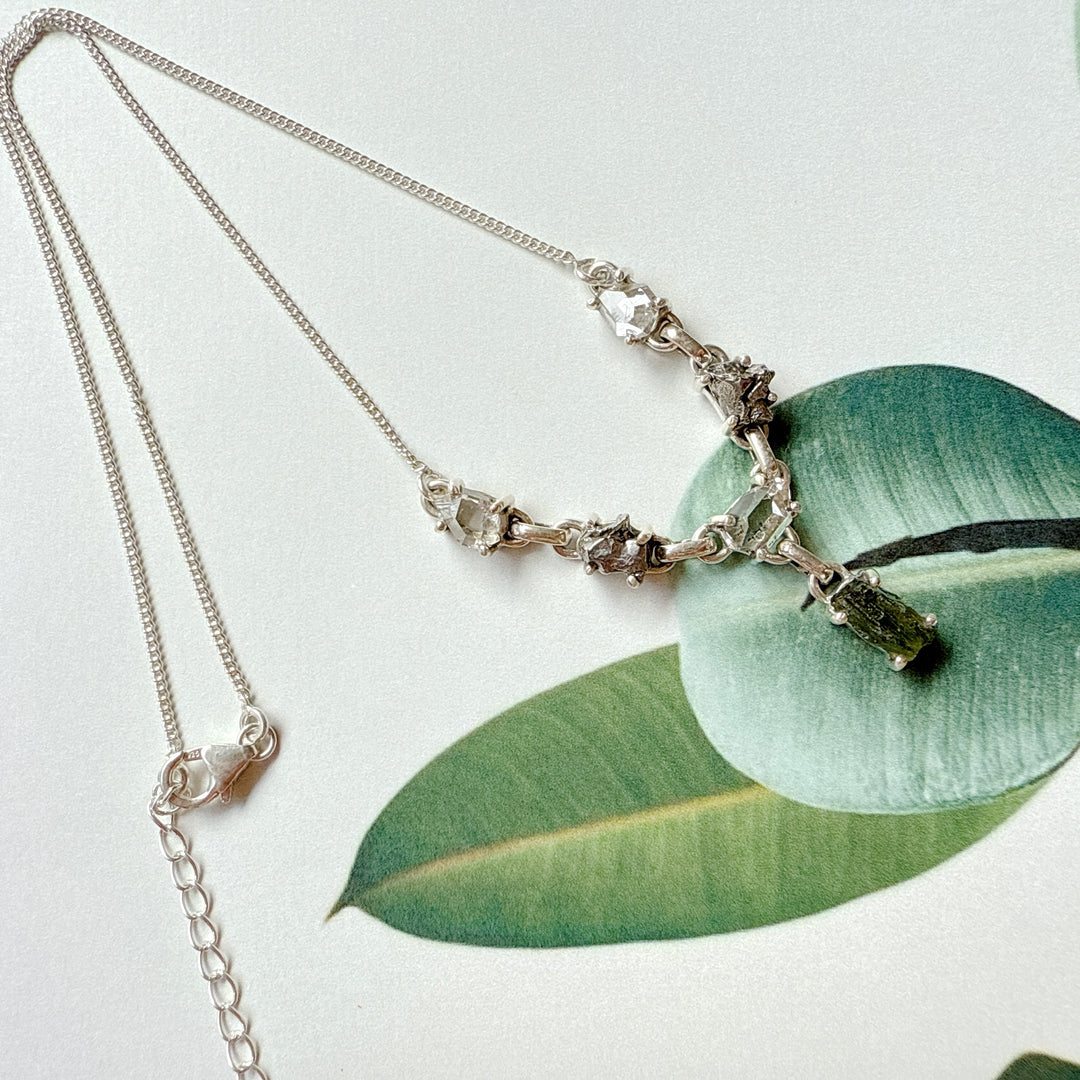 Moldavite, Herkimer Diamond & Meteorite Campo Del Cielo Necklace