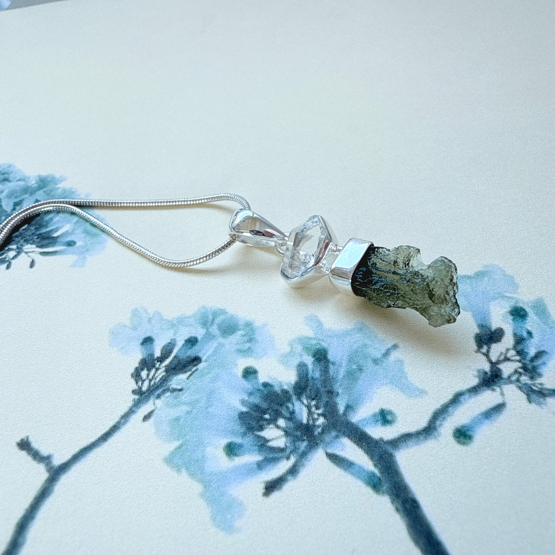 MOLDAVITE & HERKEMIR DIAMOND PENDANT