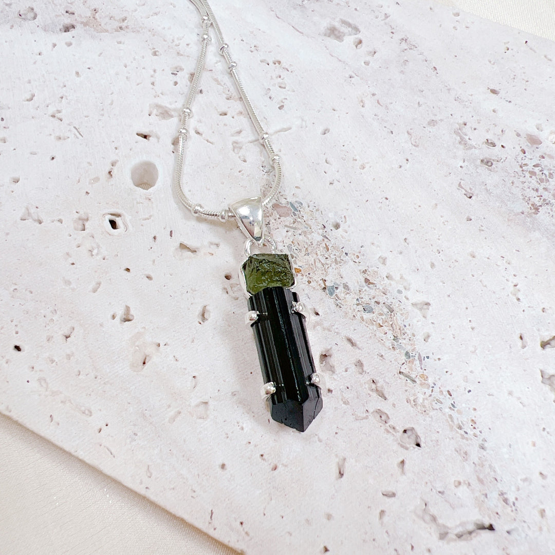 MOLDAVITE & BLACK TOURMALINE PENDANT