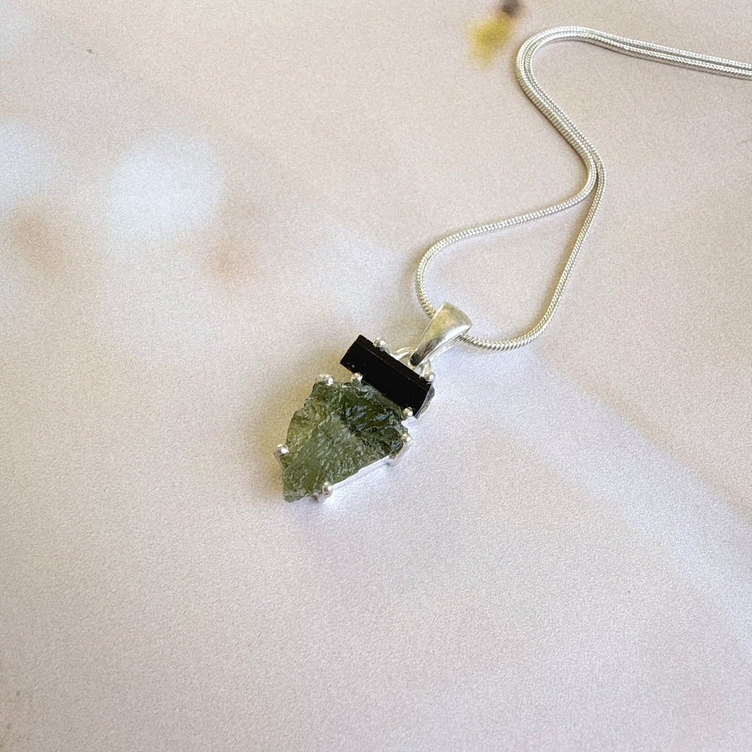MOLDAVITE & BLACK TOURMALINE PENDANT