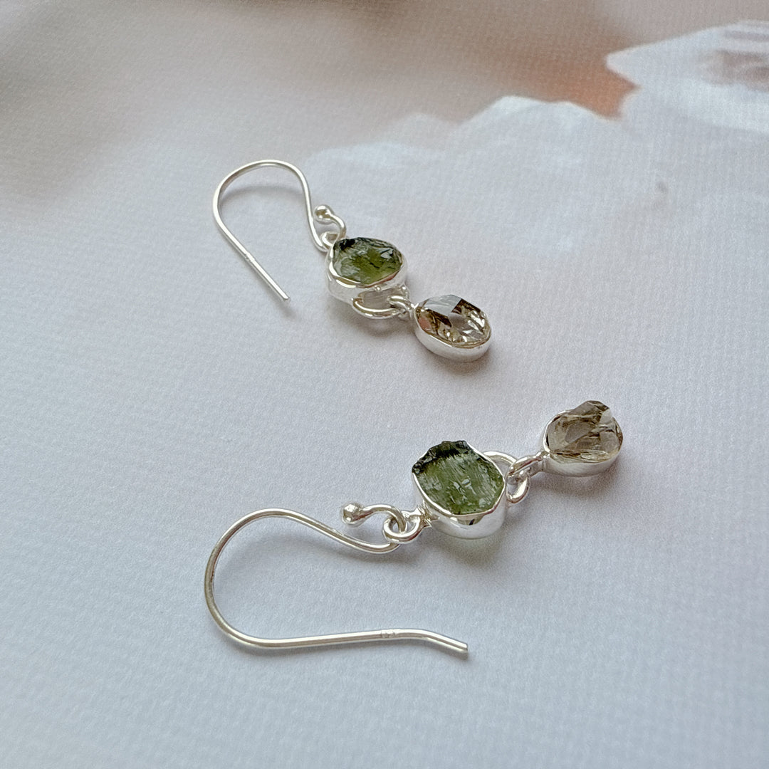 Moldavite & Herkemir Diamond Earrings