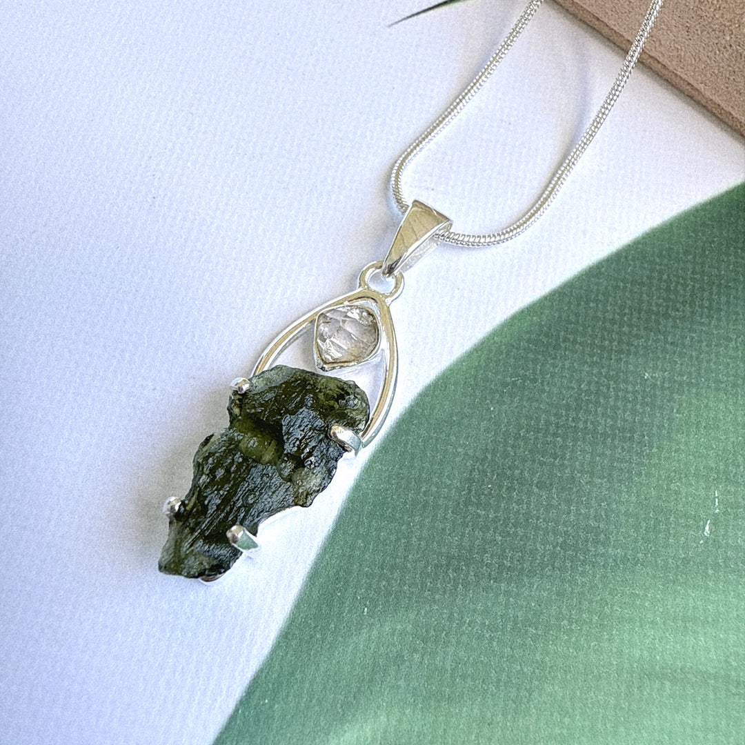 MOLDAVITE & HERKEMIER DIAMOND PENDANT