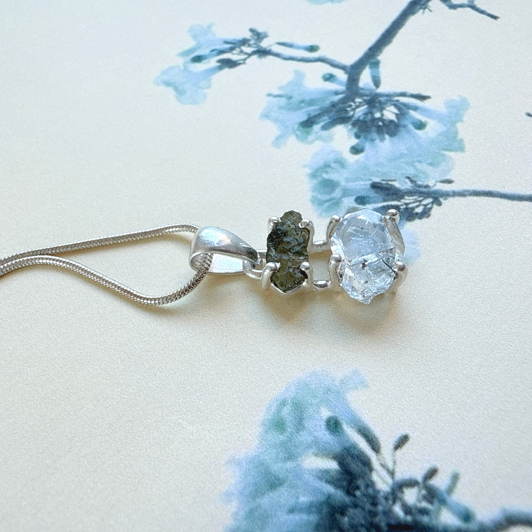 Moldavite & Herkimer Pendant