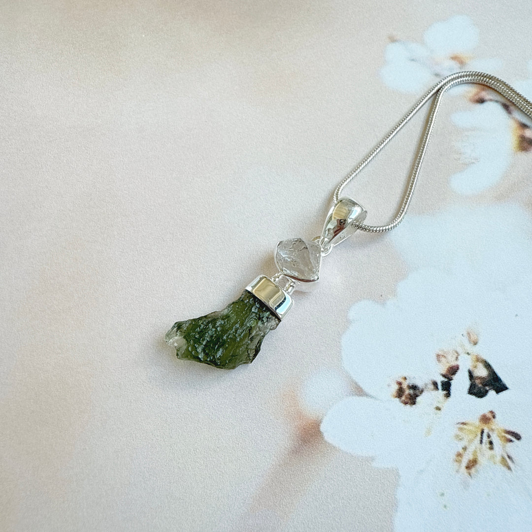MOLDAVITE & HERKEMIR DIAMOND PENDANT