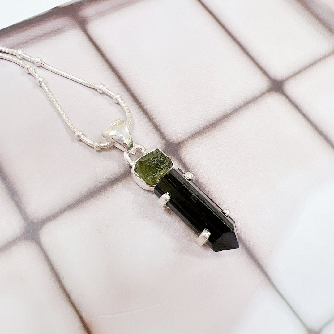 MOLDAVITE & BLACK TOURMALINE PENDANT