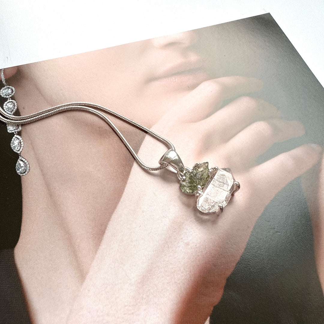 MOLDAVITE & HERKEMIER DIAMOND PENDANT