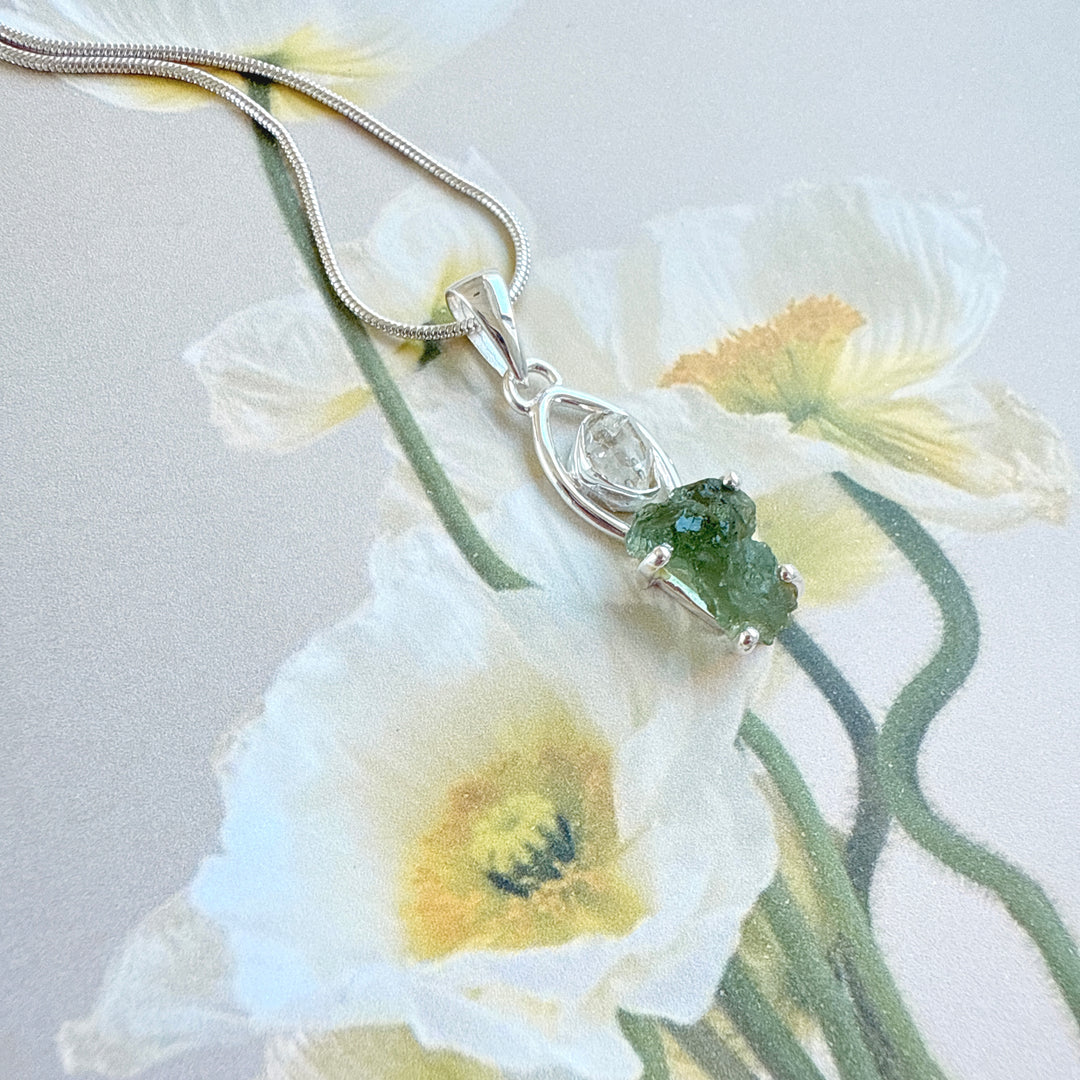 MOLDAVITE & HERKEMIER DIAMOND PENDANT