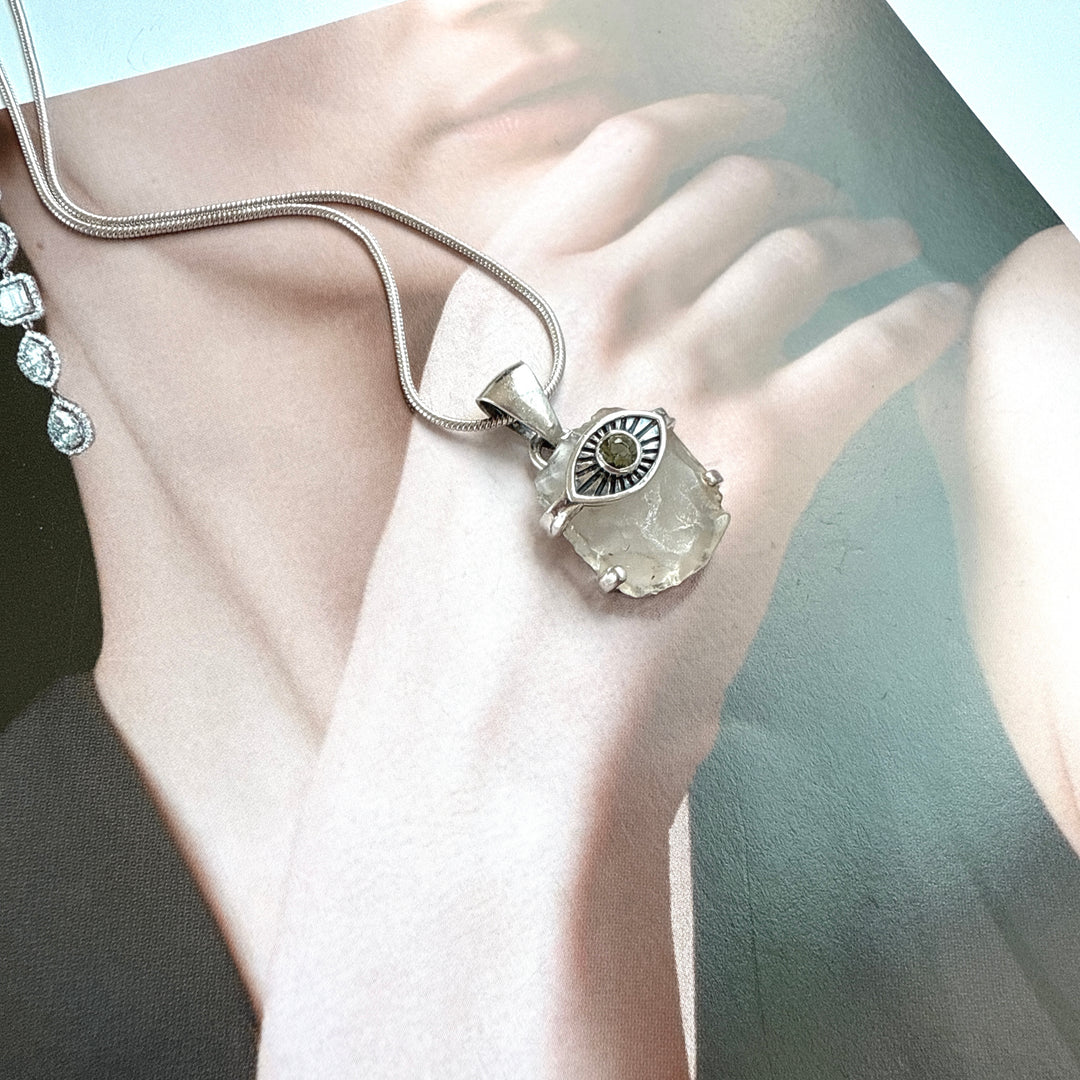 Faceted Moldavite and Libyan Desert Evil Eye Pendant