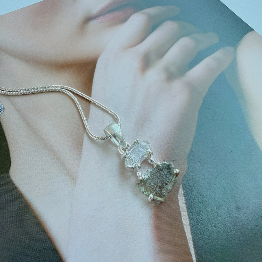MOLDAVITE & HERKEMIER DIAMOND PENDANT