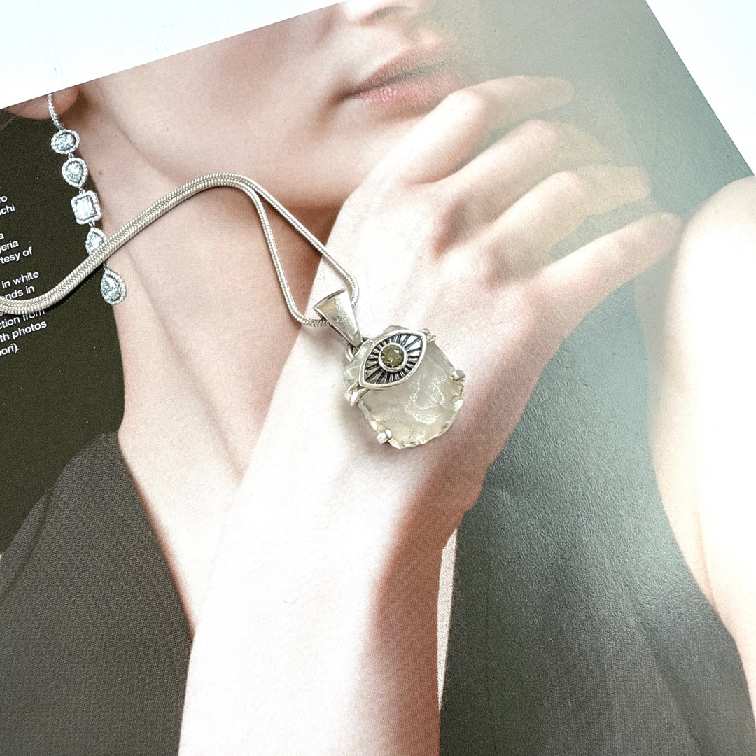 Faceted Moldavite and Libyan Desert Evil Eye Pendant