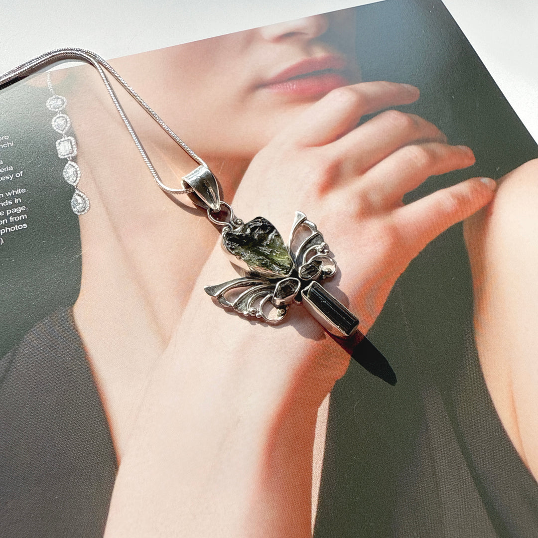 Moldavite, Herkimer Diamond & Black Tourmaline Pendant