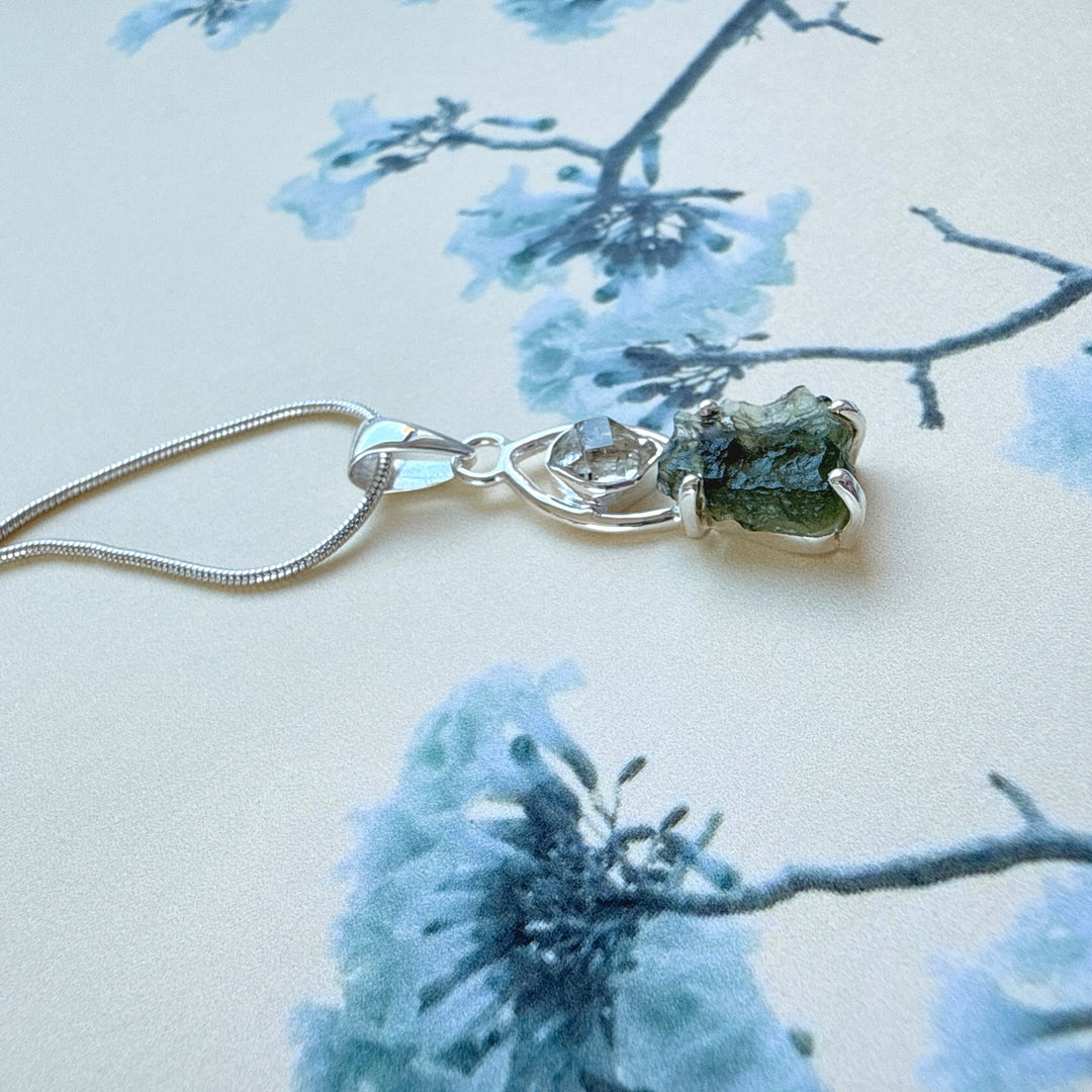 MOLDAVITE & HERKEMIR DIAMOND PENDANT