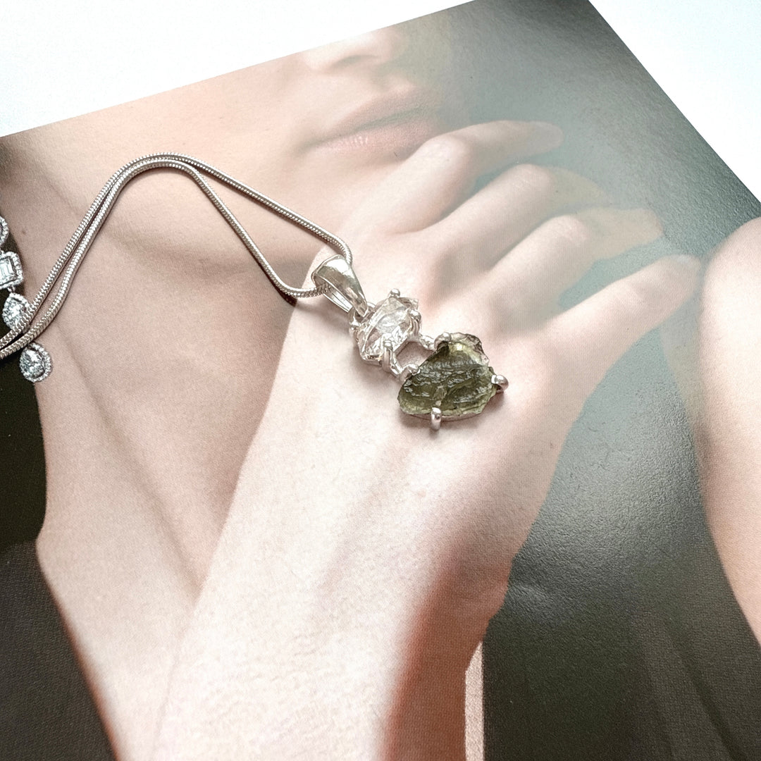 Moldavite & Herkimer Pendant