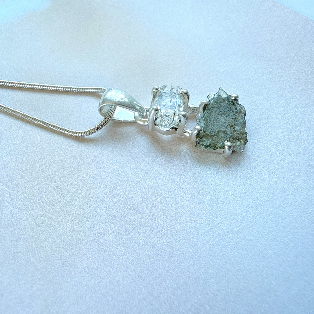 MOLDAVITE & HERKEMIER DIAMOND PENDANT