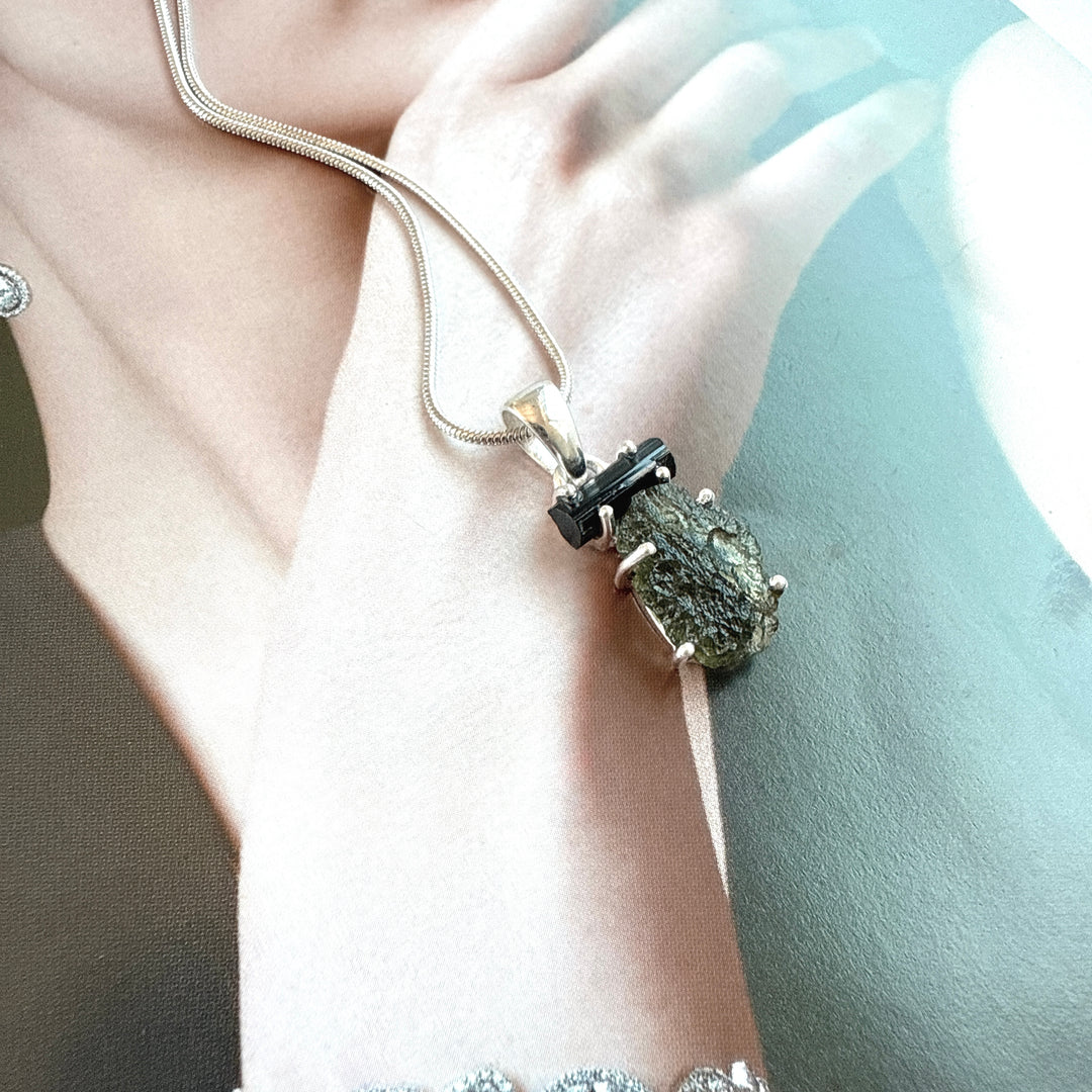 MOLDAVITE & BLACK TOURMALINE PENDANT