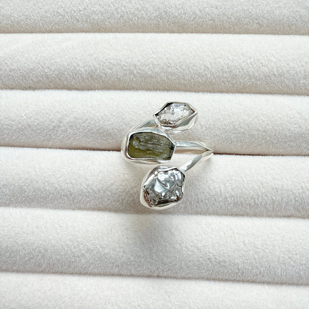 MOLDAVITE, HERKIMER DIAMOND & CAMPO DEL CIELO RING