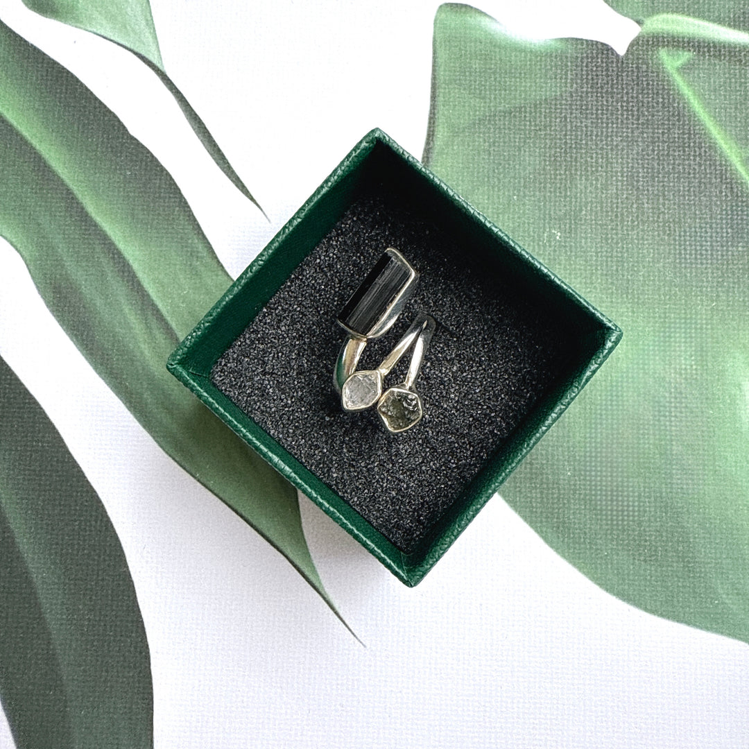 Moldavite, Herkimer & Black Tourmaline Ring