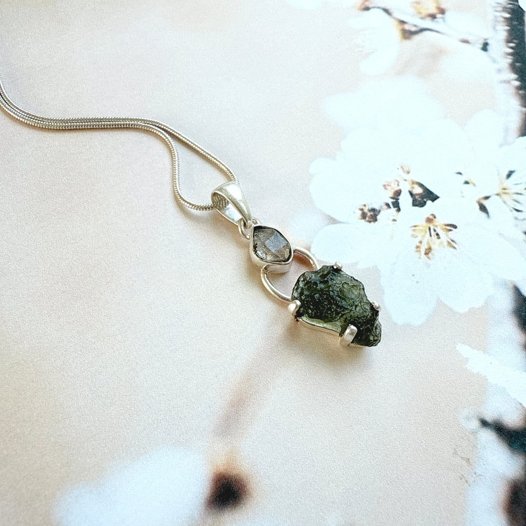 MOLDAVITE & HERKEMIER DIAMOND PENDANT