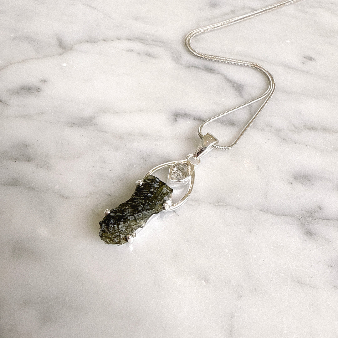Moldavite & Herkimer Pendant