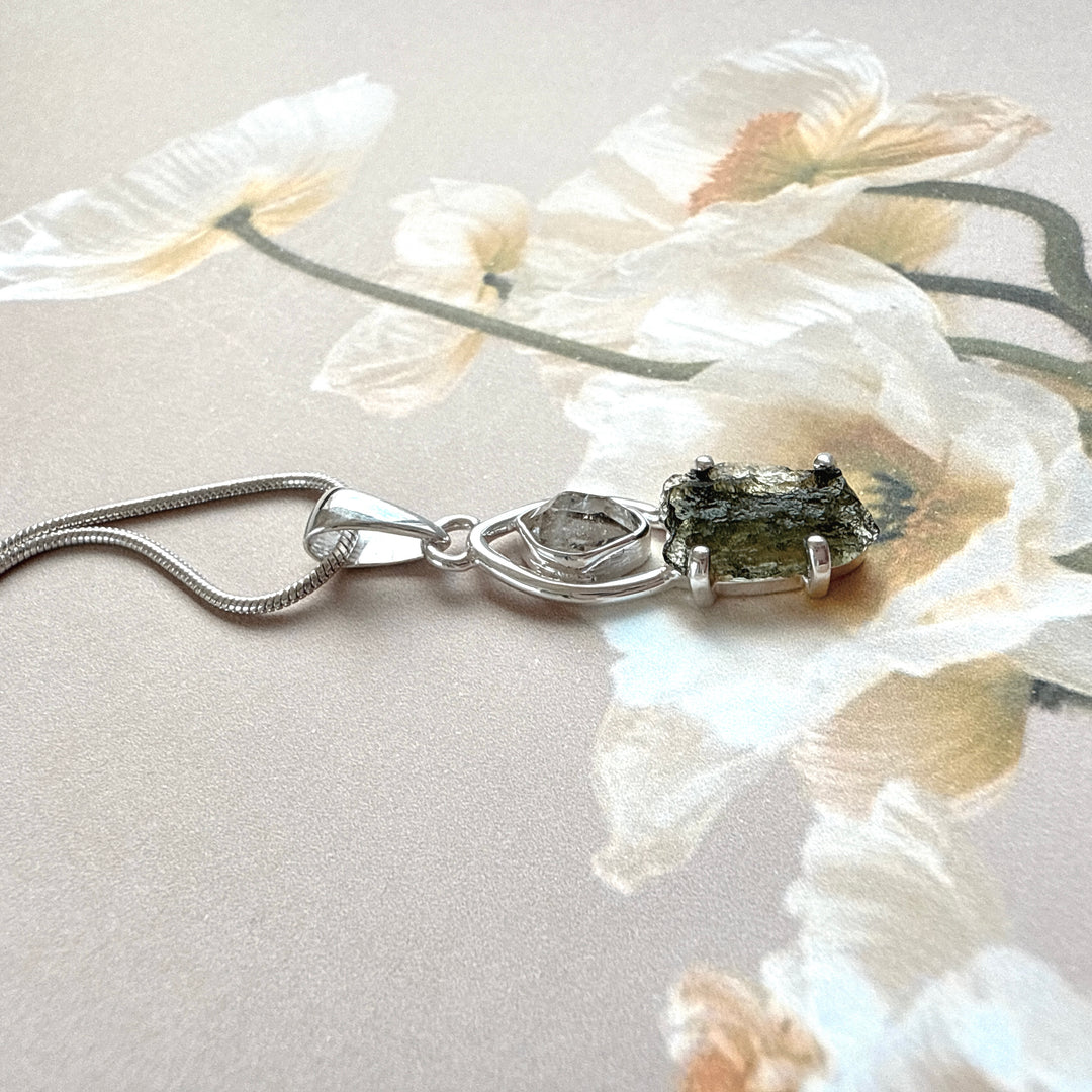 MOLDAVITE & HERKEMIER DIAMOND PENDANT