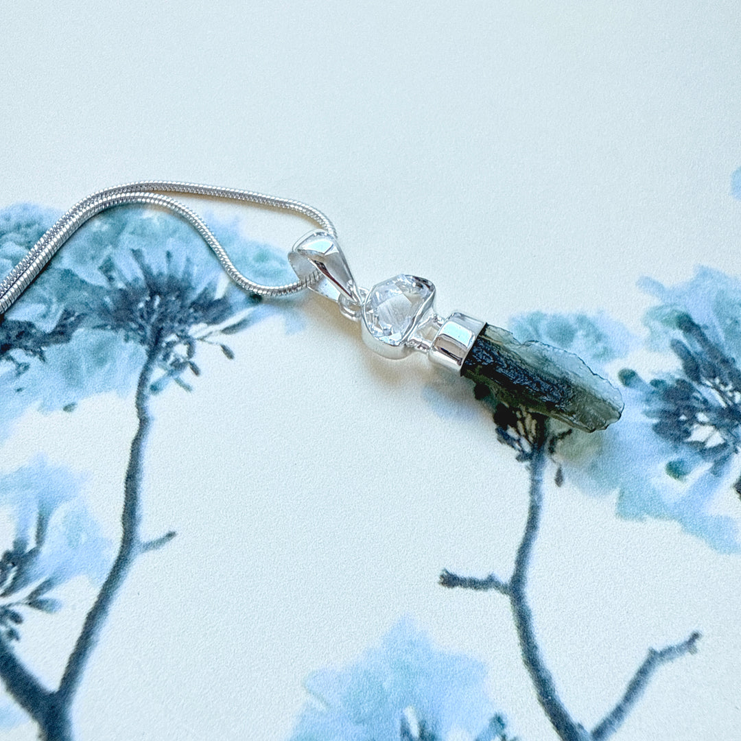 MOLDAVITE & HERKEMIR DIAMOND PENDANT