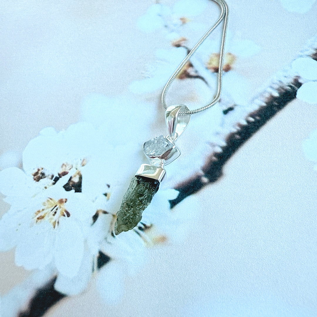 MOLDAVITE & HERKEMIR DIAMOND PENDANT