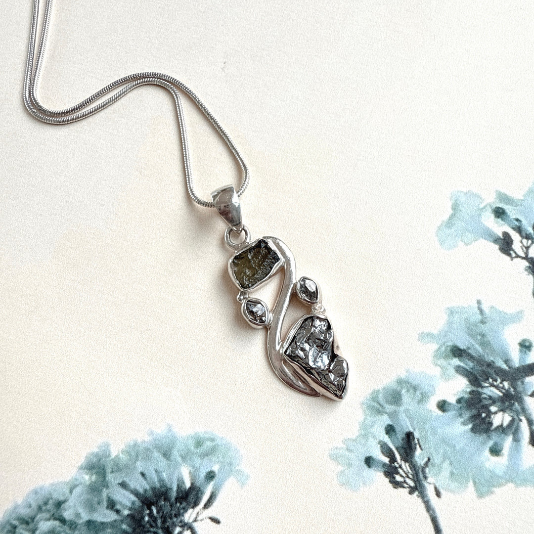 MOLDAVITE, HERKIMER DIAMOND, METEORITE CAMPO DEL CIELO PENDANT