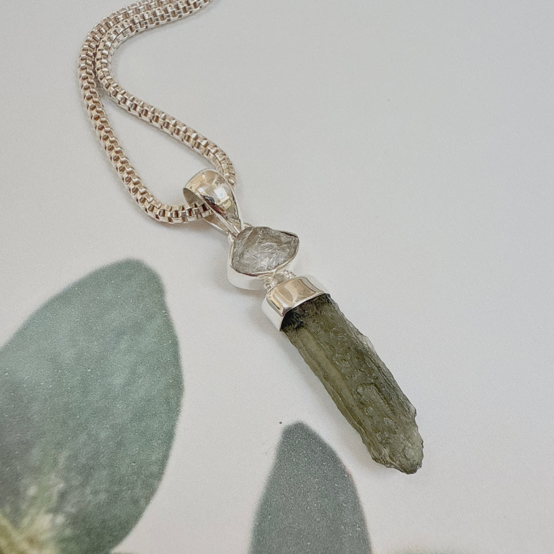 MOLDAVITE & HERKEMIR DIAMOND PENDANT