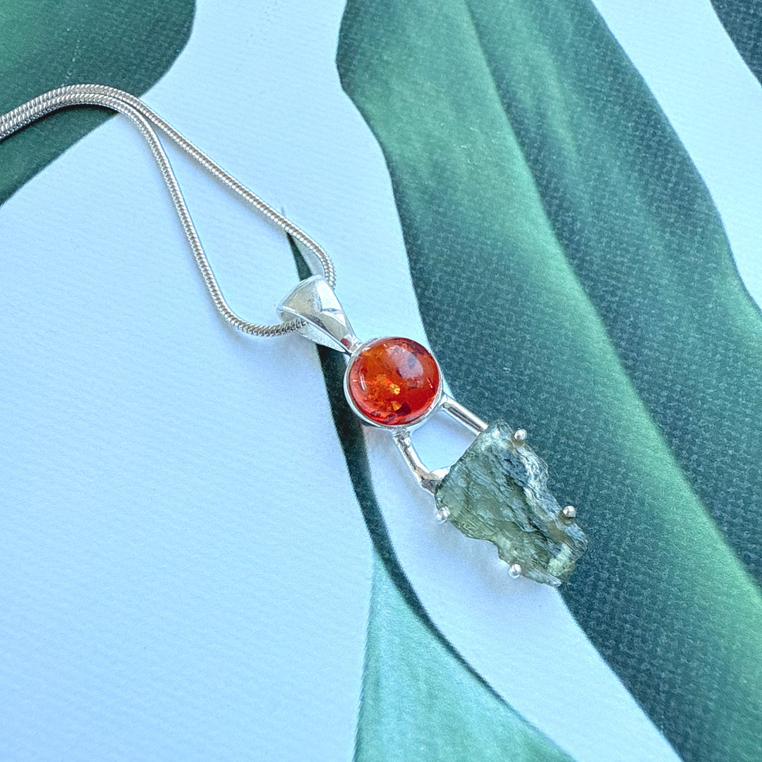 MOLDAVITE & BALTIC AMBER PENDANT