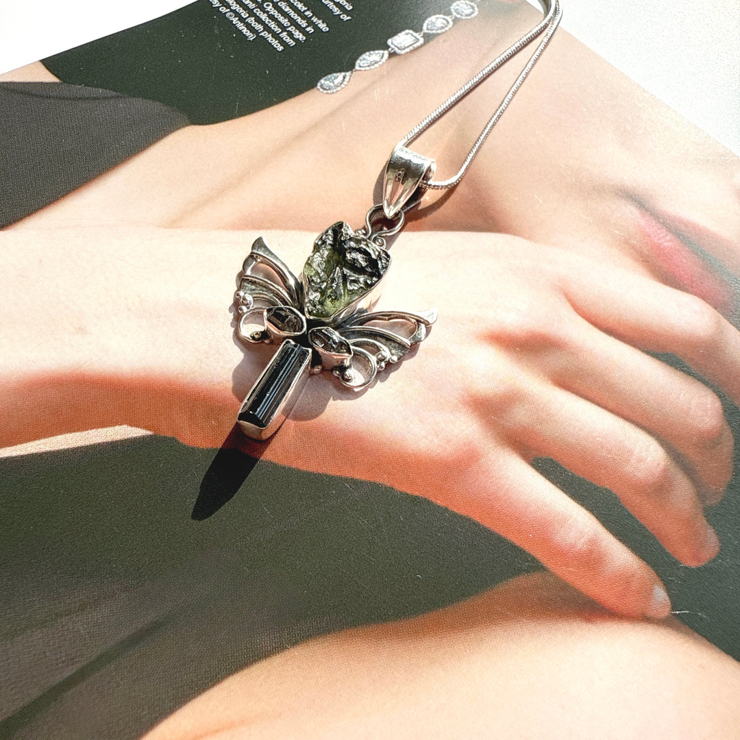 Moldavite, Herkimer Diamond & Black Tourmaline Pendant