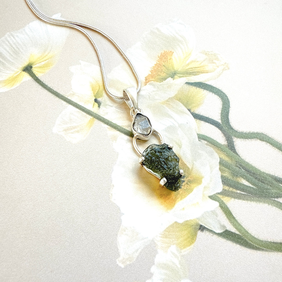 MOLDAVITE & HERKEMIER DIAMOND PENDANT