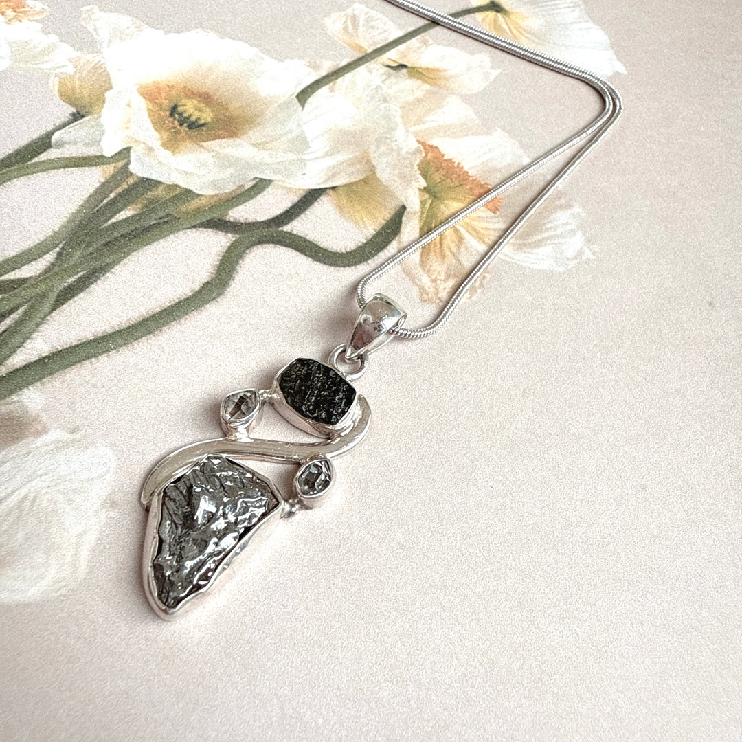 MOLDAVITE, HERKIMER DIAMOND, METEORITE CAMPO DEL CIELO PENDANT