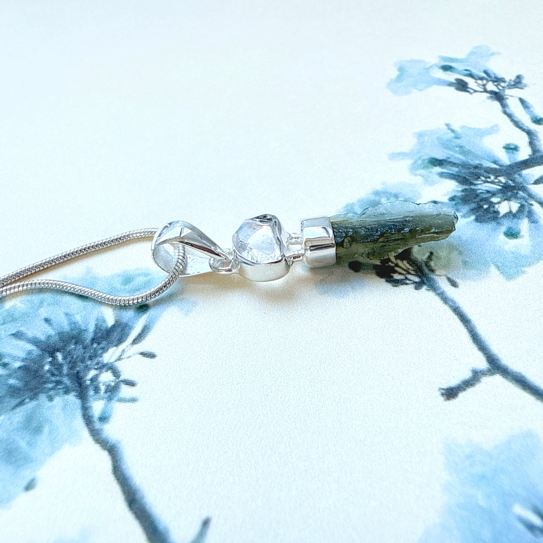 MOLDAVITE & HERKEMIR DIAMOND PENDANT