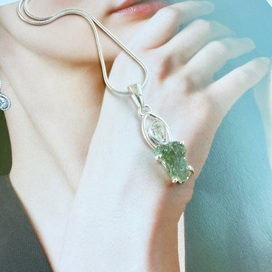MOLDAVITE & HERKEMIER DIAMOND PENDANT