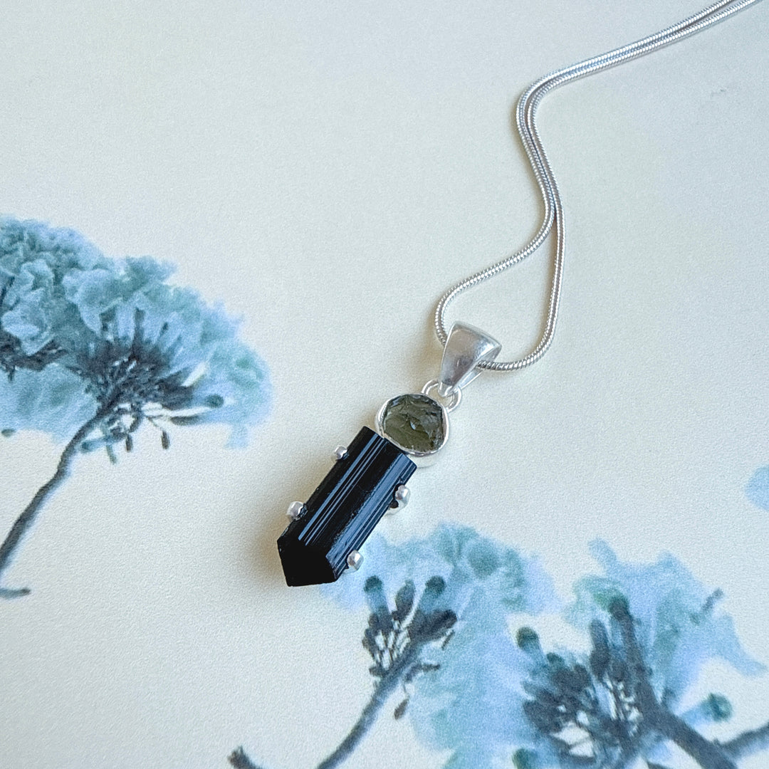Moldavite & Black Tourmaline Pendant